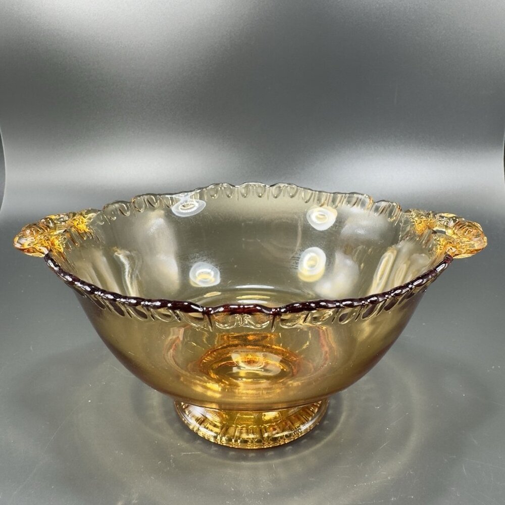 Vintage Gadroon Edges‎ Amber Glass Footed Dish Bowl Container With Handles VTG
